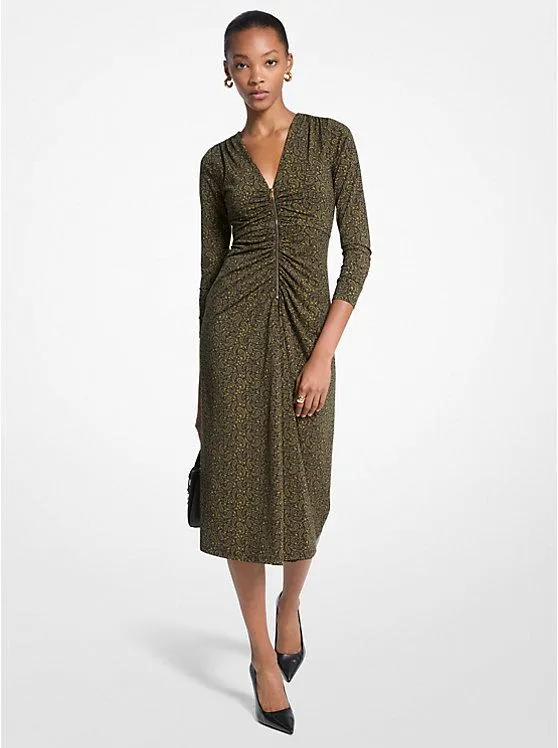 Paisley Print Stretch Matte Jersey Midi Dress