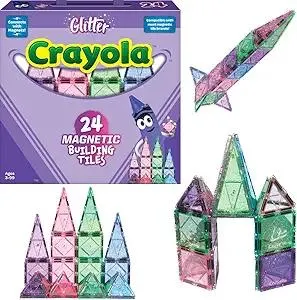 CreateOn Crayola Glitter Magnetic Tiles, Building Set for Kids, Magnetic Tiles, Kids’ Building Toys, STEM & Montessori Toys for Boys and Girls Ages 3+, 24-Piece Set (Glitter)
