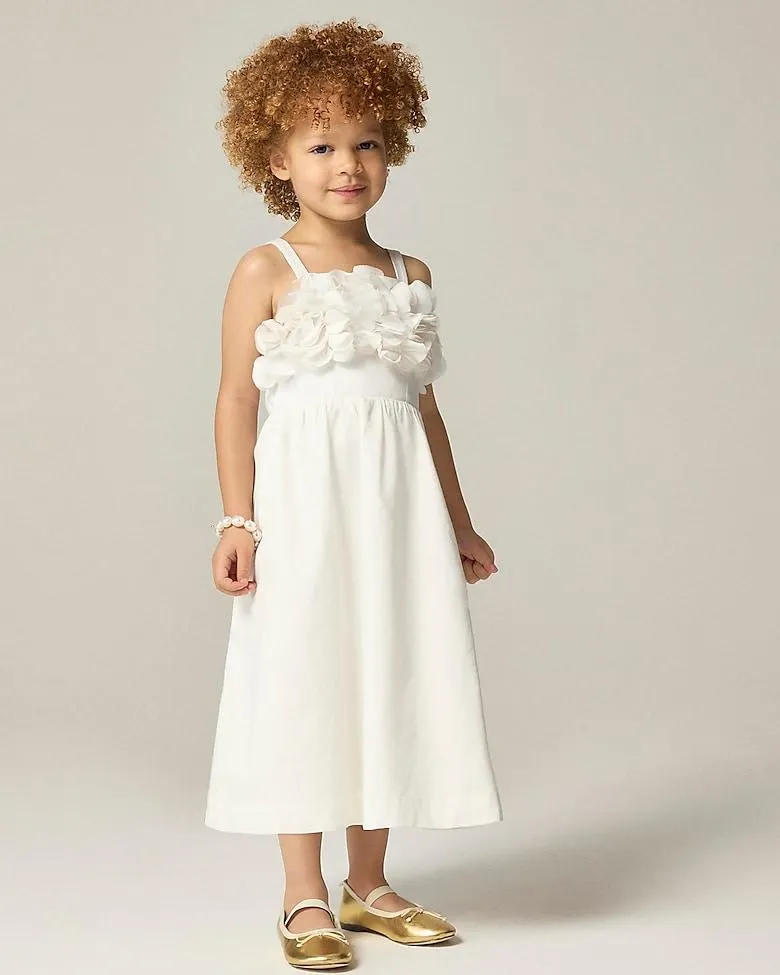 Girls' floral appliqué midi dress in sateen cotton