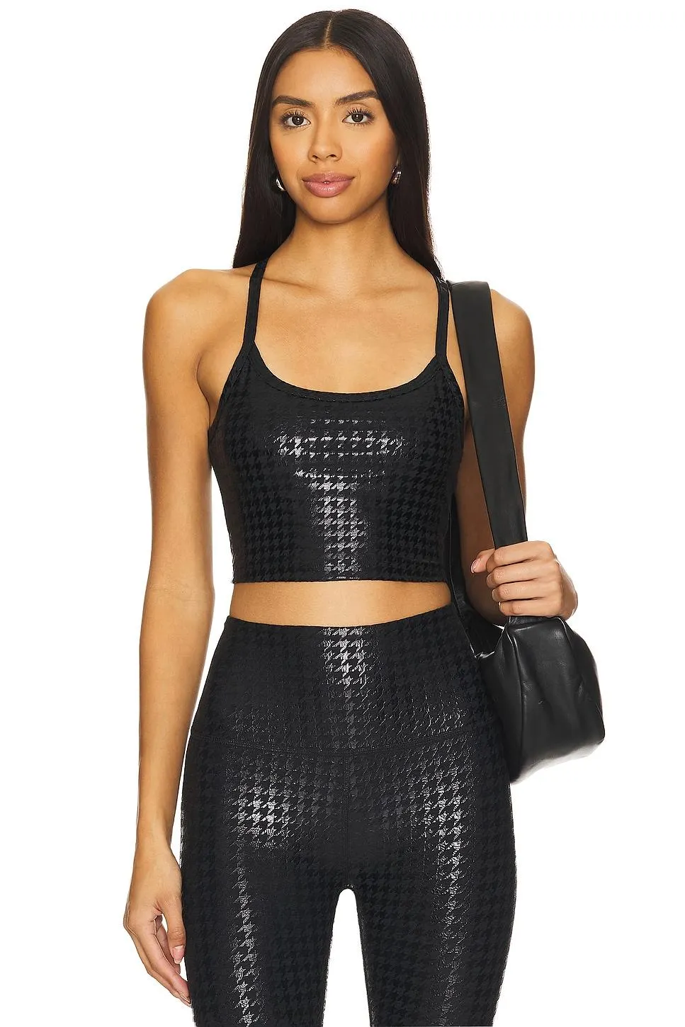 Slim Racerback High Cropped Tank Top N Houndstooth Black