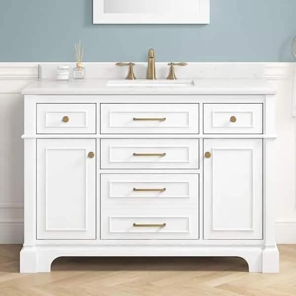 Melpark 48 in. Single Sink White Bath Vanity with White Engineered Marble Top (Assembled)