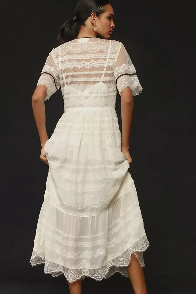 By Anthropologie Short-Sleeve Button-Front Lace Midi Dress