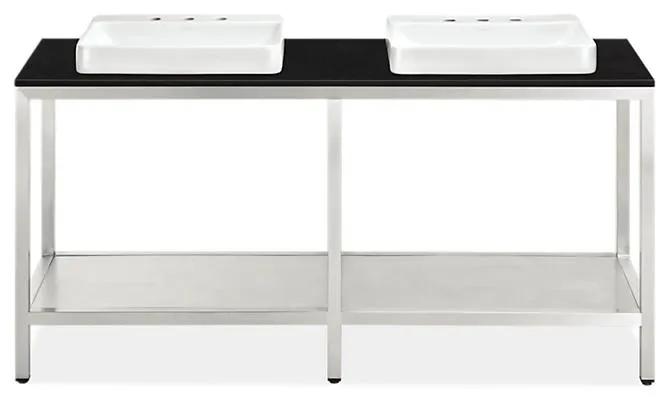 Parsons 72w 21.75d 37.25h Bath Vanity in SS w/Black Top & 3-Hole Vessel Sinks