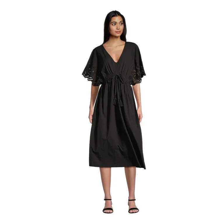 Mira Black Floral Eyelet Midi Kaftan Dress
