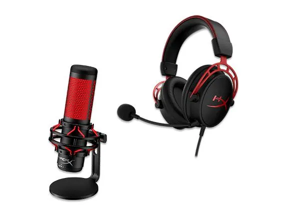 HyperX QuadCast - USB Microphone (Black-Red) - Red Lighting + HyperX Cloud Alpha - Gaming Headset (Black-Red) Bundle