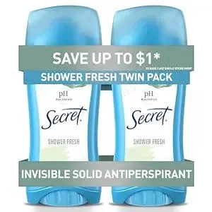 Secret Antiperspirant and Deodorant for Women, 24hr Sweat & Odor Protection, PH Balanced Protection, Gentle on Skin, Invisible Solid, Shower Fresh Scent, 2.6 oz (Pack of 2)