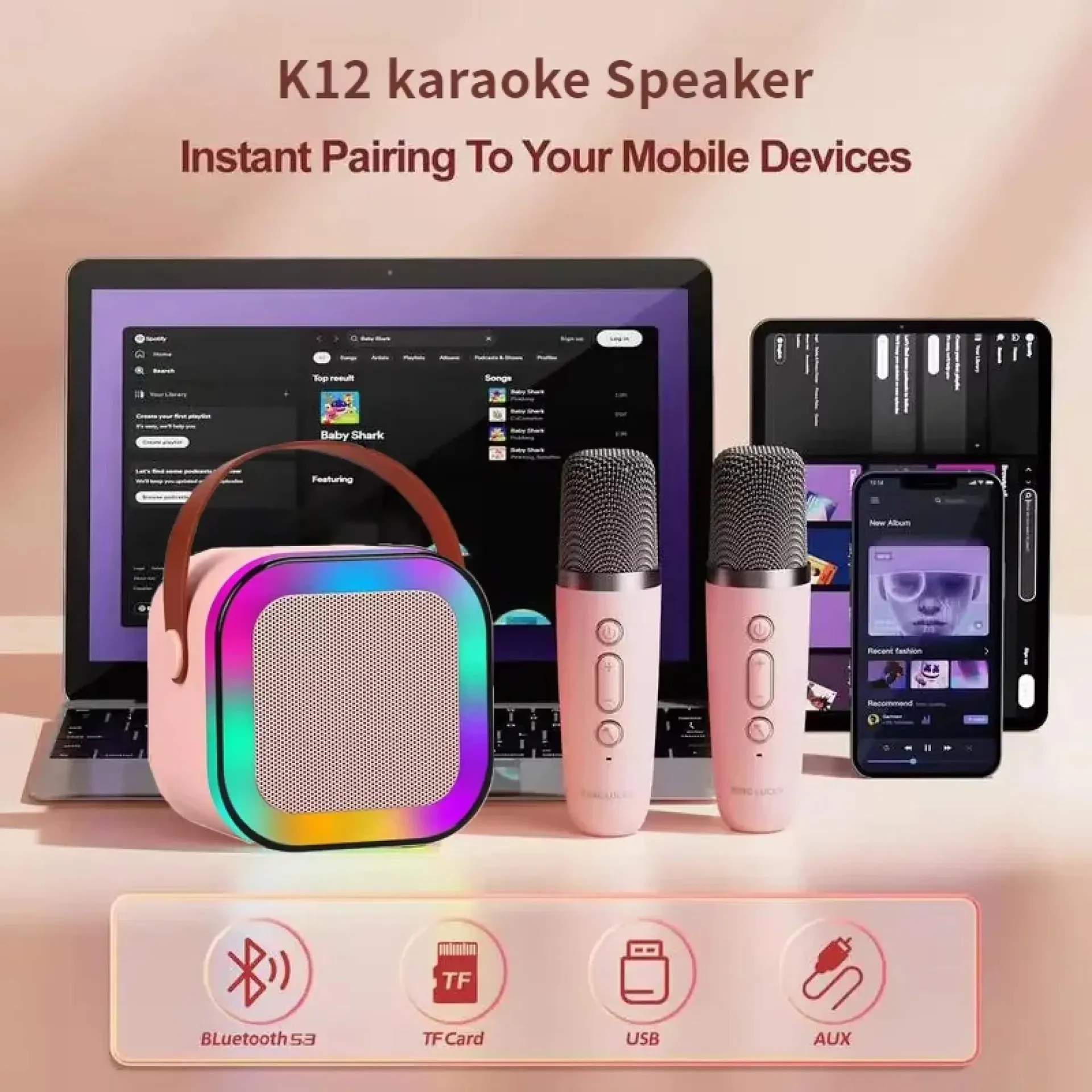 Máquina de karaoke inalámbrica K12, mini micrófonos portátiles, altavoz Bluetooth 5.3 para niños, luz RGB, audio, hogar, KTV, regalos de Navidad para niños