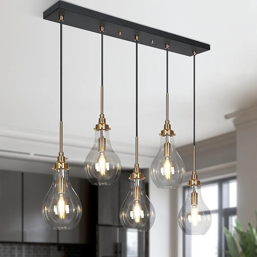 Uolfin 5 -Light Black and Copper Cluster Large Chandelier Modern/contemporary Clear glass Linear Large Hanging Kitchen island light