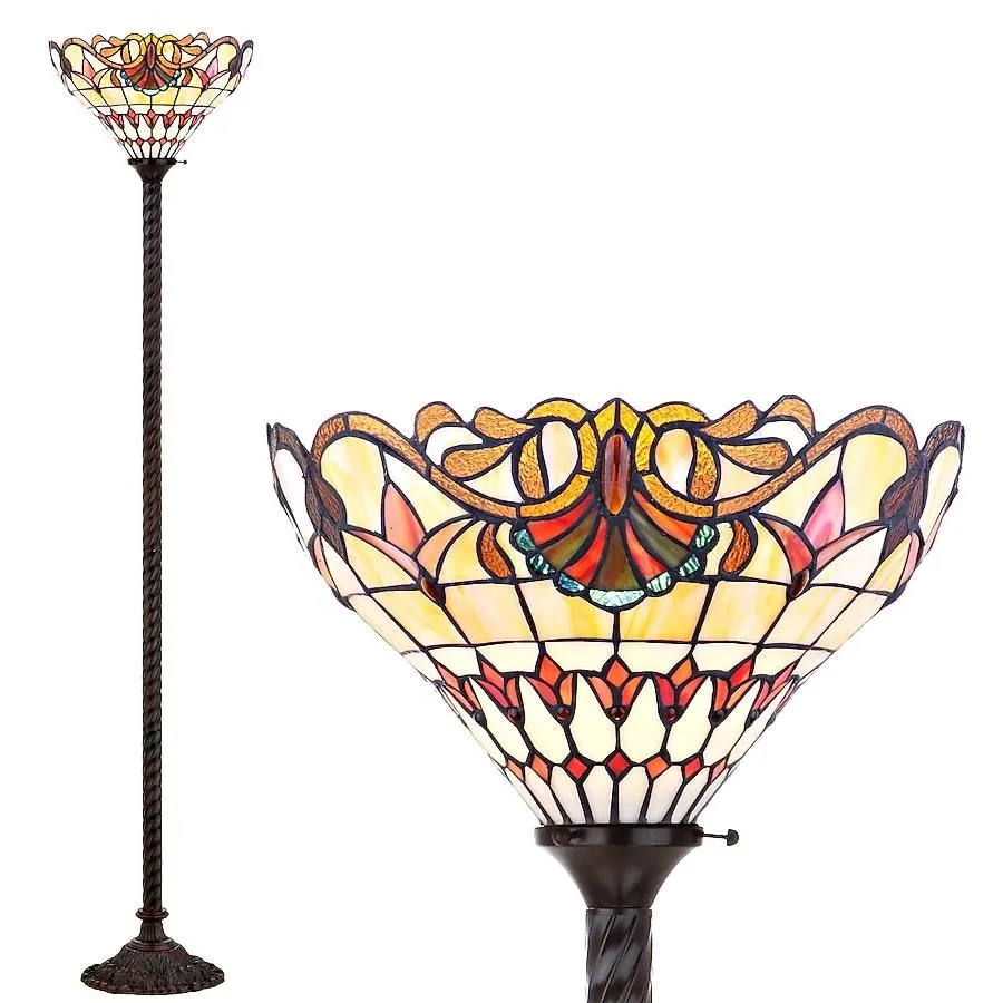 JONATHAN Y Davis Tiffany-Style Stained Glass/Iron Traditional 70-in Bronze Torchiere Floor Lamp with Glass Shade