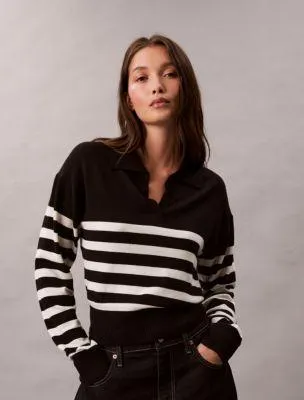 Extra Fine Merino Blend Stripe Polo Sweater