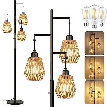 QiMH Farmhouse Floor Lamps for Living Room, Industrial Standing Lamp with 3-Lights Boho Rattan Shades, 68" Modern Rustic Tree Tall Lamps for Bedroom Office, Rotary Switch, 3 LED Bulbs Included