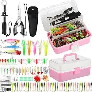 3 Layers Pink Fishing Tackle Box 414 Pcs Fishing Lures Kit with Tackle Included, Pliers, Fish Lip Gripper, Soft Baits, Hooks & Accessories Bait Lure Gear Christmas Gift for Beginners Men