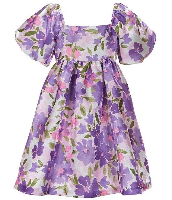 Big Girls 7-16 Puffed-Sleeve Floral-Printed Satin Fit & Flare Dress
