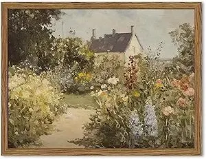 Vintage Painting Wall Art, Country Landscape Wall Decor, Nature Wildflower Farmhouse Pictures Canvas Prints for Bedroom Bathroom Living Room 10x8 inch Wood Framed