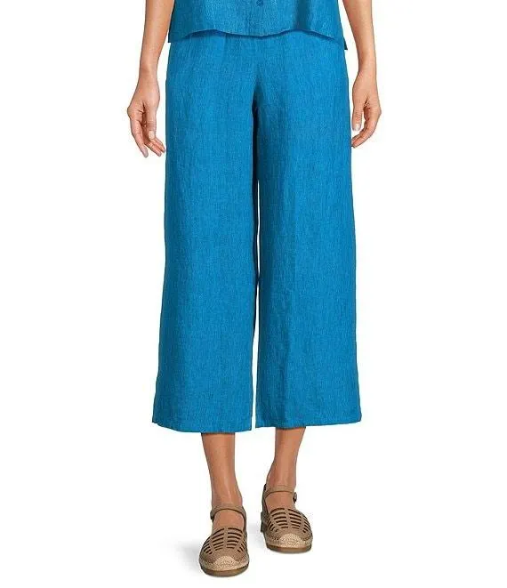 Washed Organic Linen Elastic Waist Wide Leg Cropped Pants