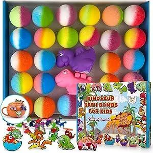 26+2 PCS Bath Bombs for Kids with 26 Dinosaur Suction Toys Inside, Organic Kids Bath Bombs Gift Sets with 2 Squeeze Dinosaur Toys for Boys & Girls on Birthday, Easter, Christmas, Lavender