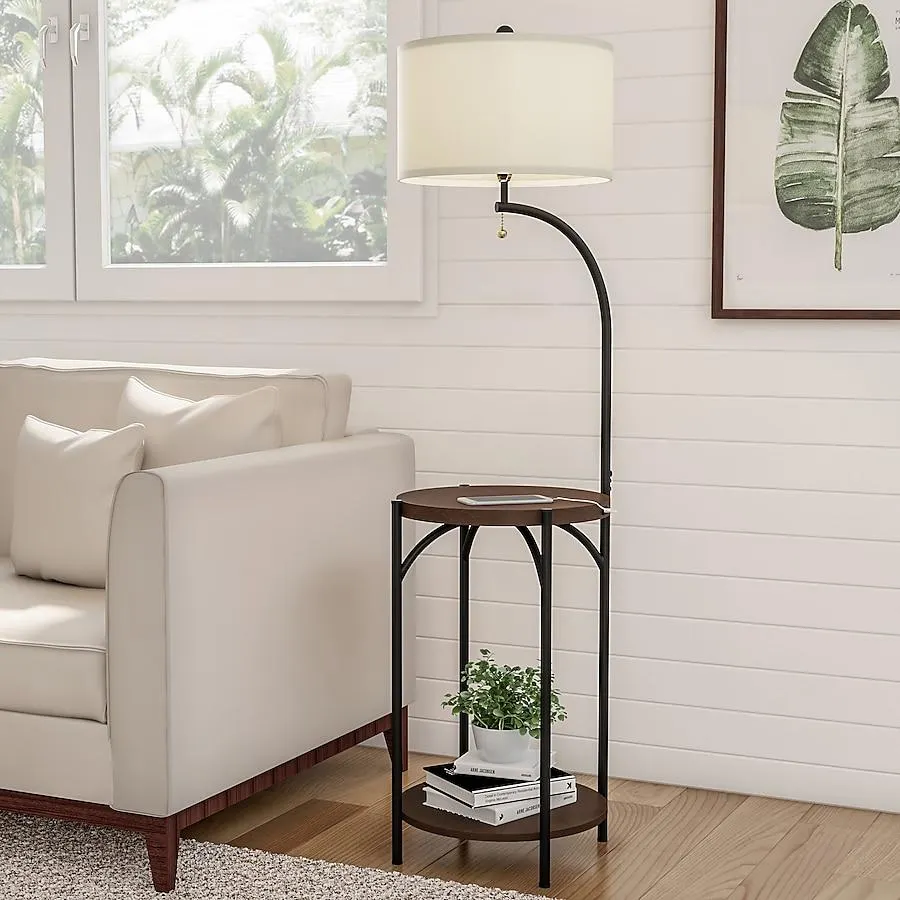 Hastings Home Lamp with End Table - Modern Rustic Side Shelves 58-in Off White Standard Floor Lamp with Linen Shade