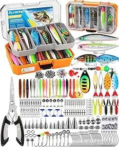 PLUSINNO Fishing Tackle Box with Tackle Included, 373PCS Fishing Lures Kit with Removable Tray, Fishing Gear with Pliers, Weights, Hooks, Accessories, Fishing Tackle Lure Kit Gifts for Men Bass Trout