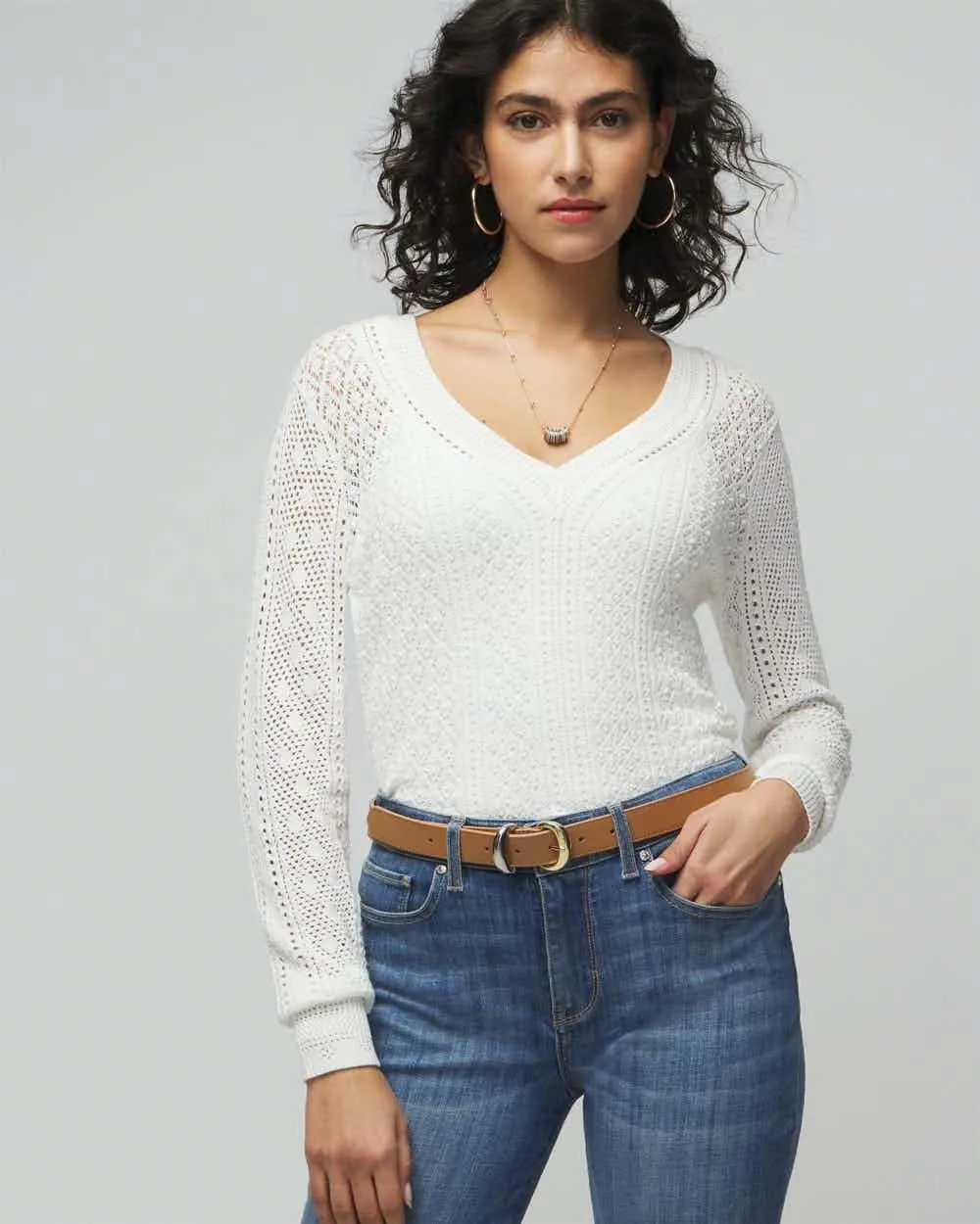 Long Sleeve Pointelle V-Neck Pullover