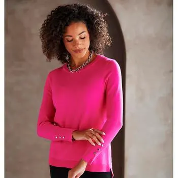 Plus Size Retrology Crew Neck Button Sleeve Side Slit Sweater