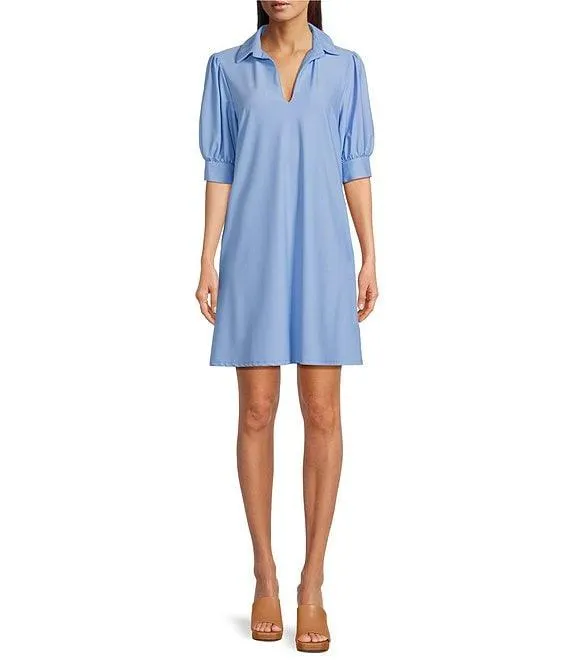 Emerson Jude Cloth Knit Point Collar Puffed Sleeve Shift Dress