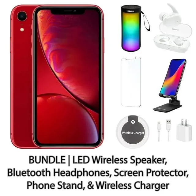 Restored Apple iPhone XR 128GB Red Fully Unlocked Bundle: LED Wireless Speaker, Bluetooth Headphones, Screen Protector, Wireless Charger, & Phone Stand (Refurbished)