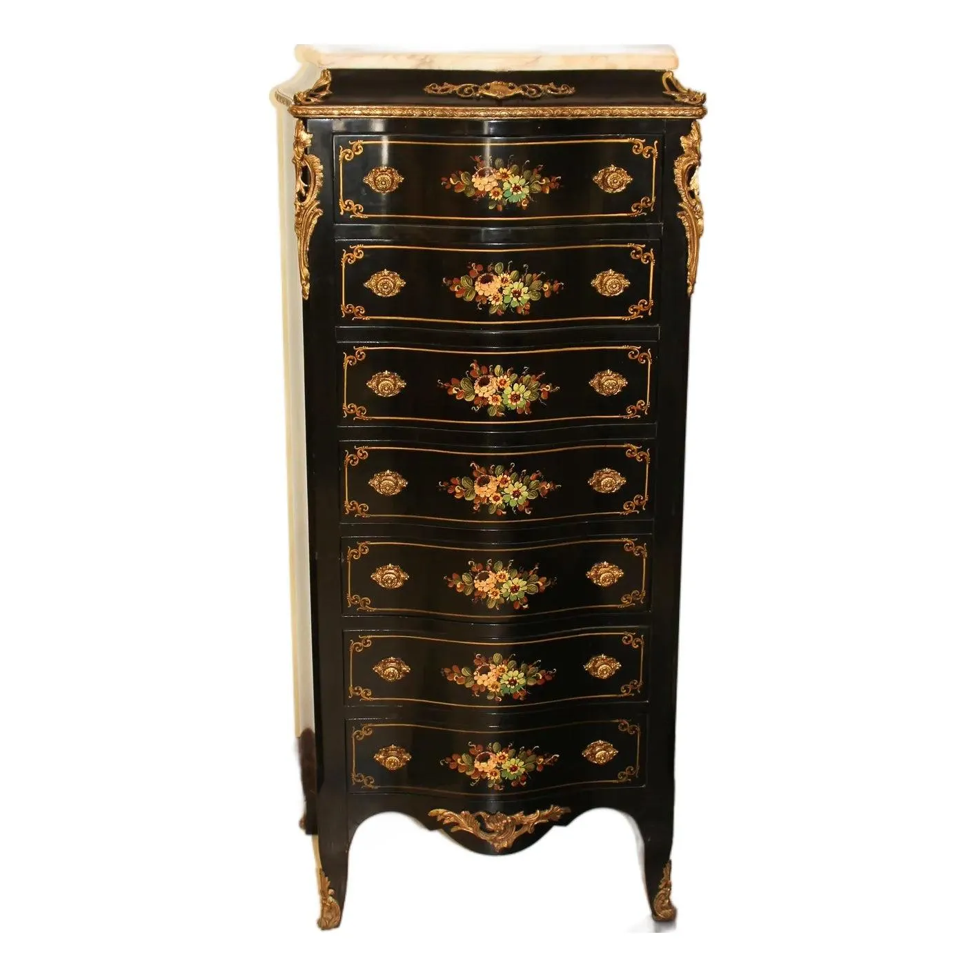 Black Regency Chest of Seven Drawers With Handpainted Floral Accents, Marble Top, and Brass Mounting