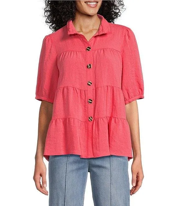 Wire Collar Short Sleeve Tiered Button-Front Top