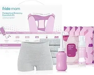 Frida Mom 11pc Postpartum Essentials Kit Gift Set, Hospital Bag Must Haves for New Mom, Includes 4 Disposable Postpartum Underwear, 4 Ice Maxi Pads, Perineal Healing Foam & 24 Pad Liners & Peri Bottle