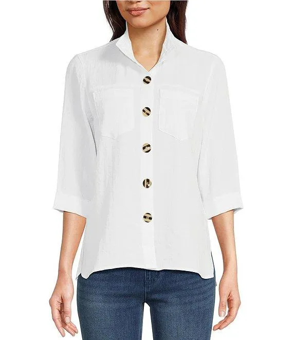Solid Woven 3/4 Sleeve Wire Collared Button Front Patch Pocket Camp Shirt