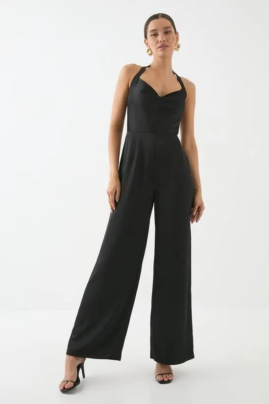 Satin Cowl Halter Neck Jumpsuit