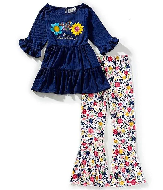 Big Girls Long Sleeve Floral/Heart-Applique Rib-Knit Tunic Top & Floral-Printed Flare-Leg Knit Leggings Set