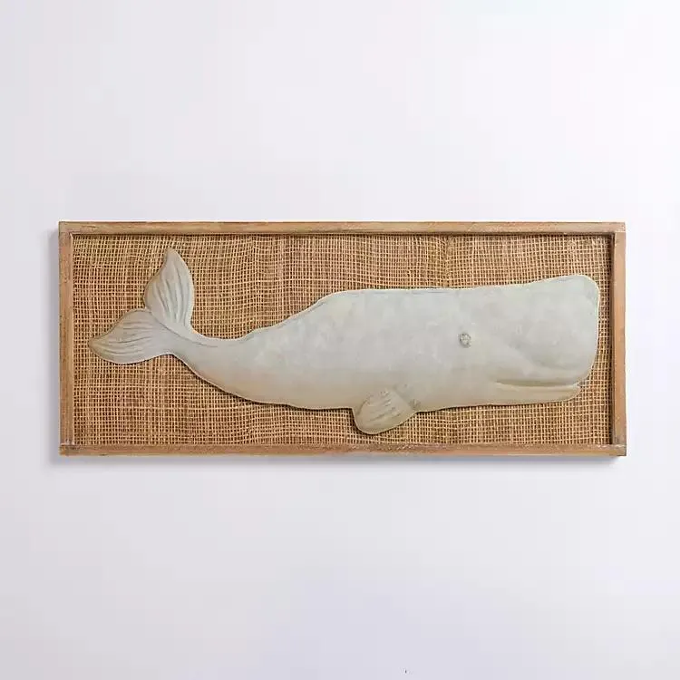 White Metal Whale Rattan Wall Plaque