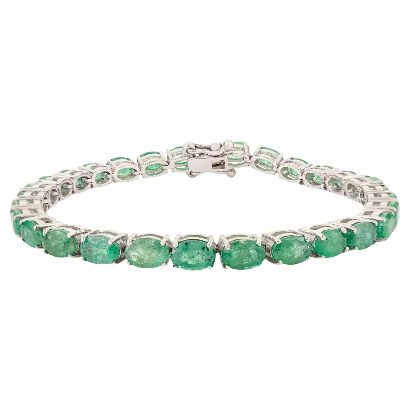 Silvorra Timeless 925 Sterling Silver Natural Oval-Cut Emerald Tennis Bracelet