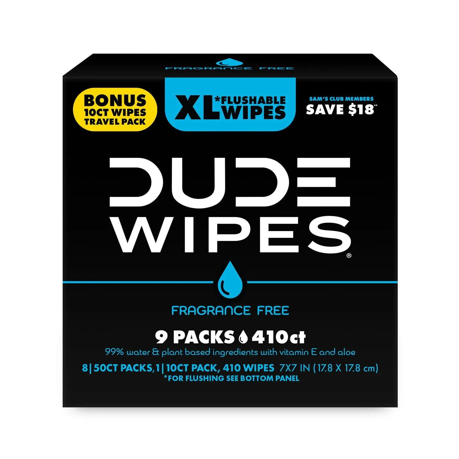 DUDE WIPES XL Flushable Wipes, Fragrance Free, Bonus Pack, 9 ct., 410 wipes