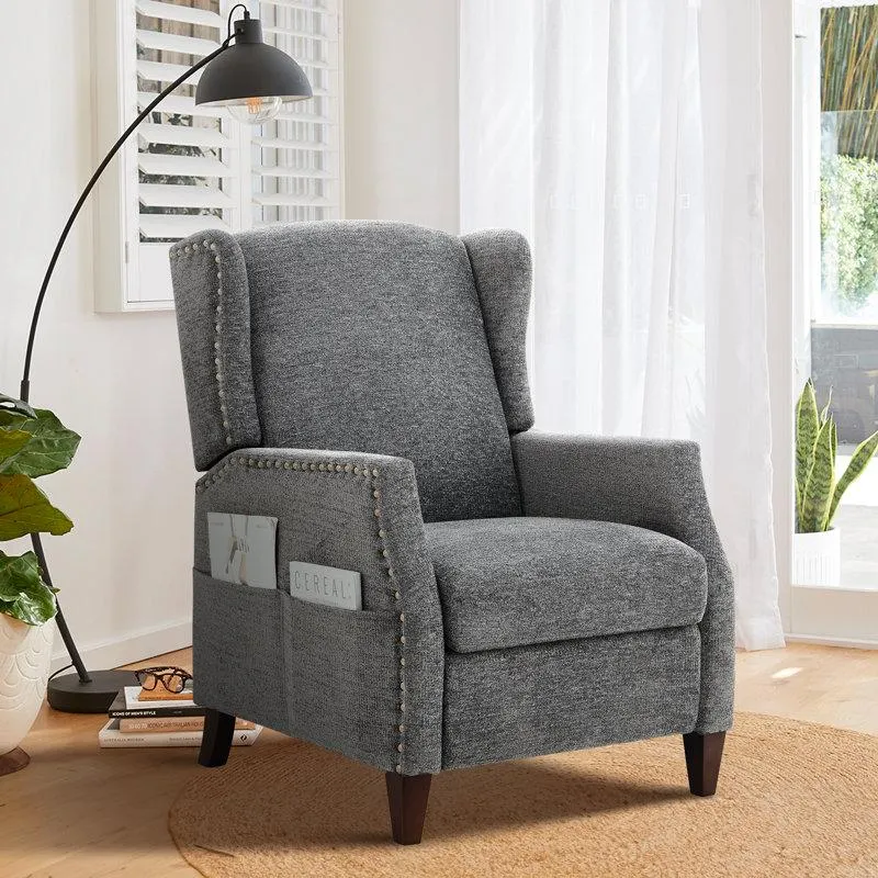 Kars Nail-head Upholstered Push Back Recliner With Storage Pocket