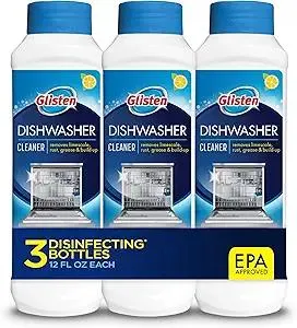 Product Summary: Glisten Dishwasher Cleaner, Removes Limescale, Rust, Buildup, and Grease, Lemon Scent, Made in the USA, 12 Ounce Bottle, 3-Pack