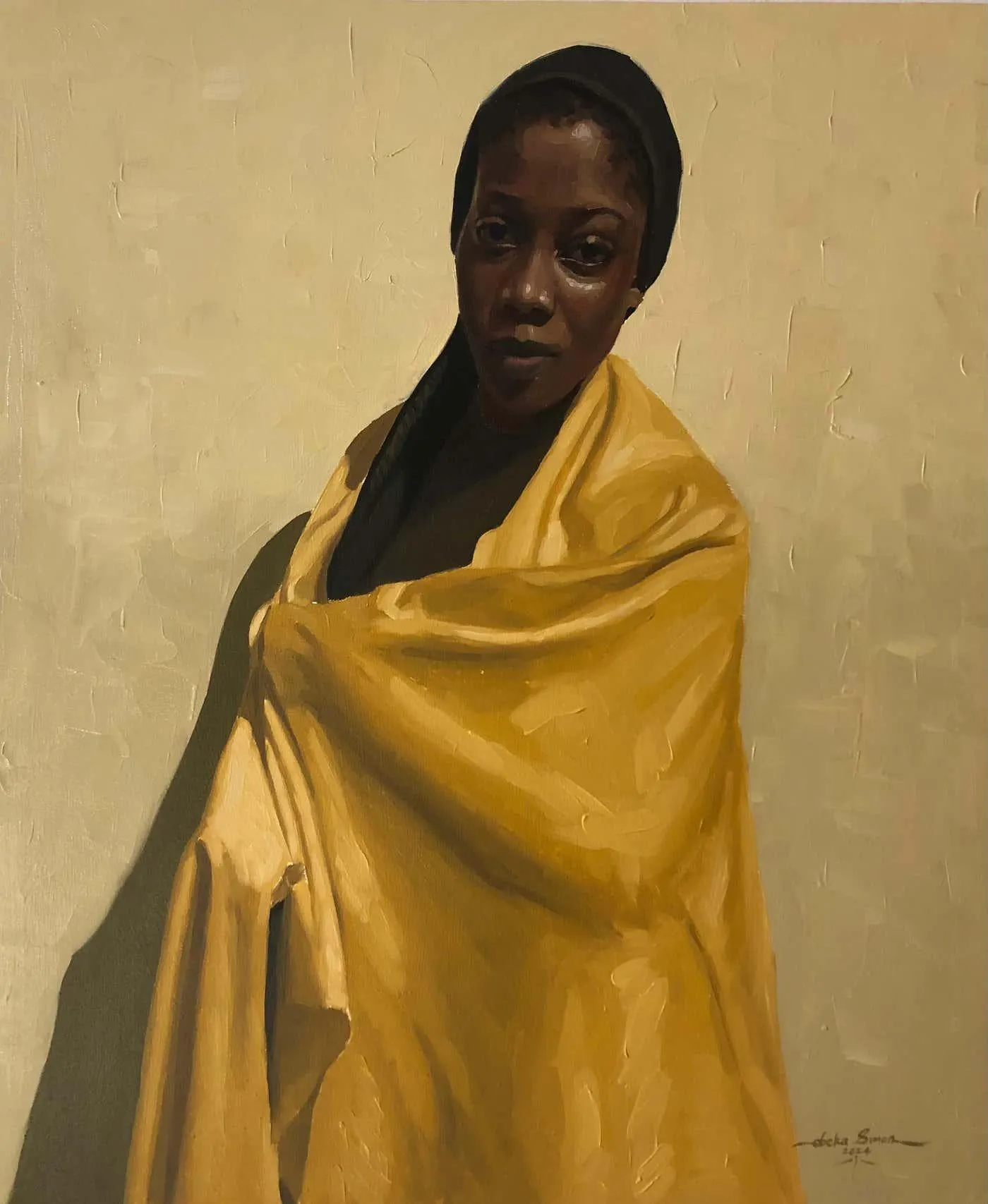 Simon Obeka God Answers - 21st Century, Contemporary, Figurative Portrait, Women, Gold Dress 2024