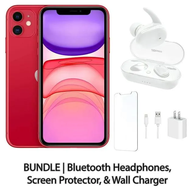 Restored Apple iPhone 11 64GB Red Fully Unlocked Bundle: Bluetooth Headphones, Screen Protector, & Wall Charger (Refurbished)