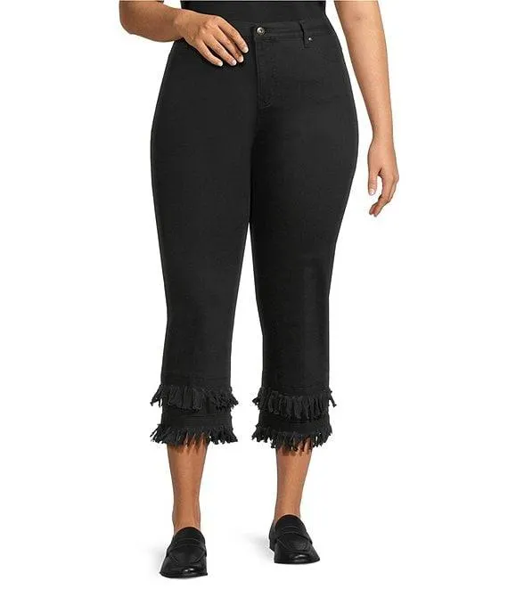 Plus Size Straight Leg 5-Pocket Fringe Hem Crop Jeans