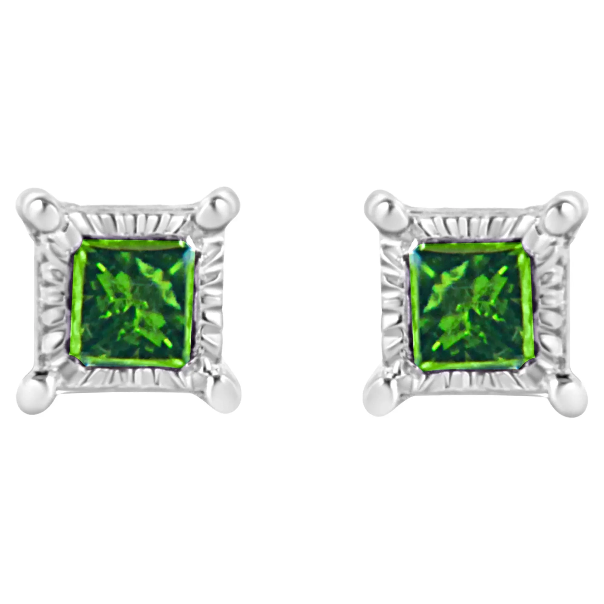 .925 Sterling Silver 1/10 Carat Princess-Cut Treated Green Diamond Stud Earrings