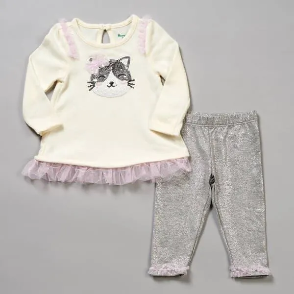 Baby Girl (6-12M) Nannette® baby Cat Top & Disco Dot Leggings Set