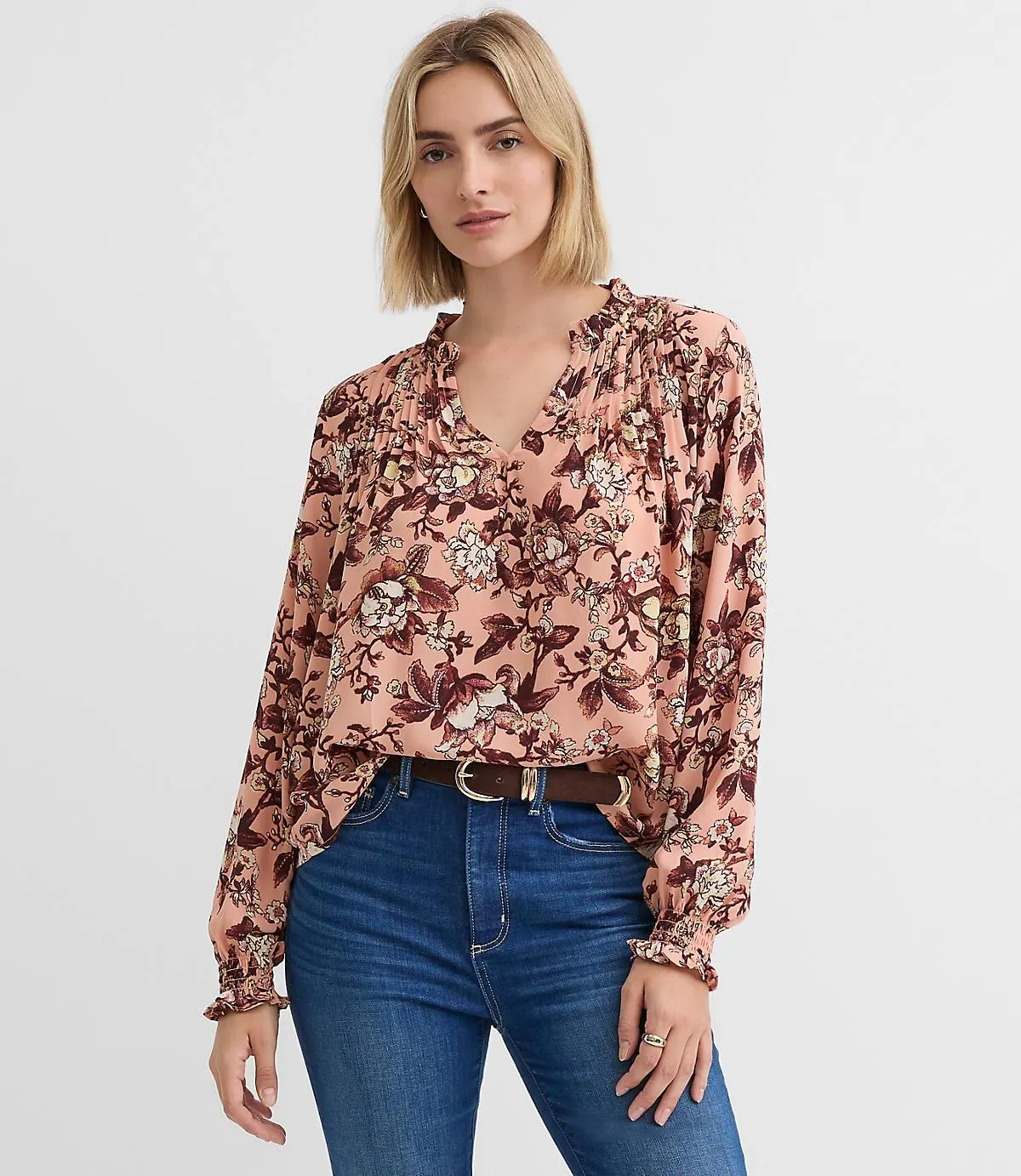 Floral Pintucked Ruffle Mixed Media Blouse