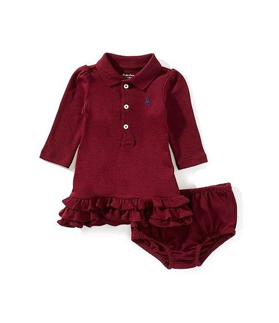 Baby Girls Long Sleeve Ruffled Drop-Waist Polo Dress