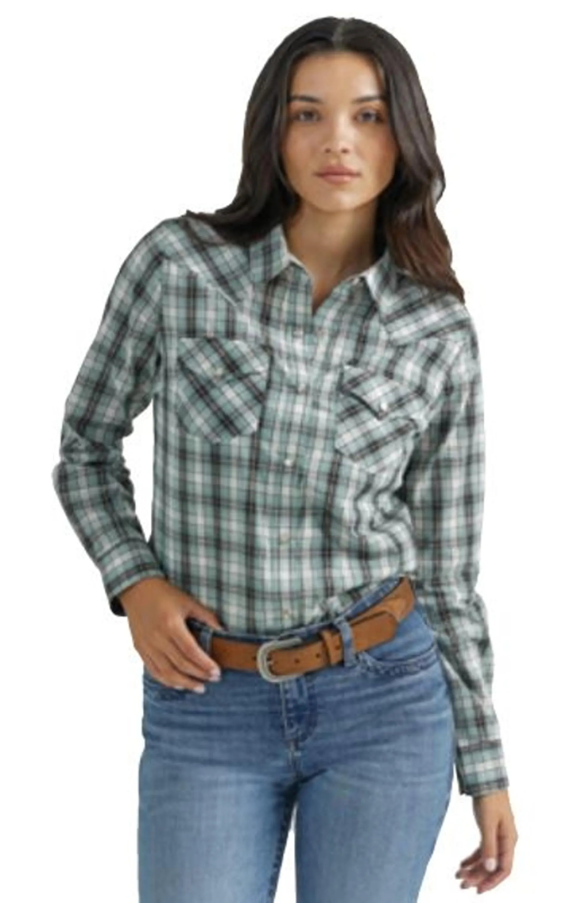 Wrangler Womens Green Plaid Western Snap Long Sleeve Shirt