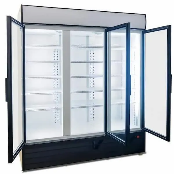 72 in. W 57 cu. ft. Commercial 3-Glass Swing Door Merchandiser Refrigerator in Black