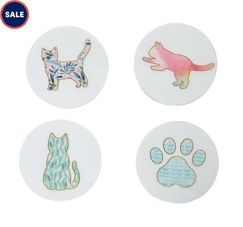 Pearhead Pet Cat-Themed Cork Drink Coasters, Pack of 4