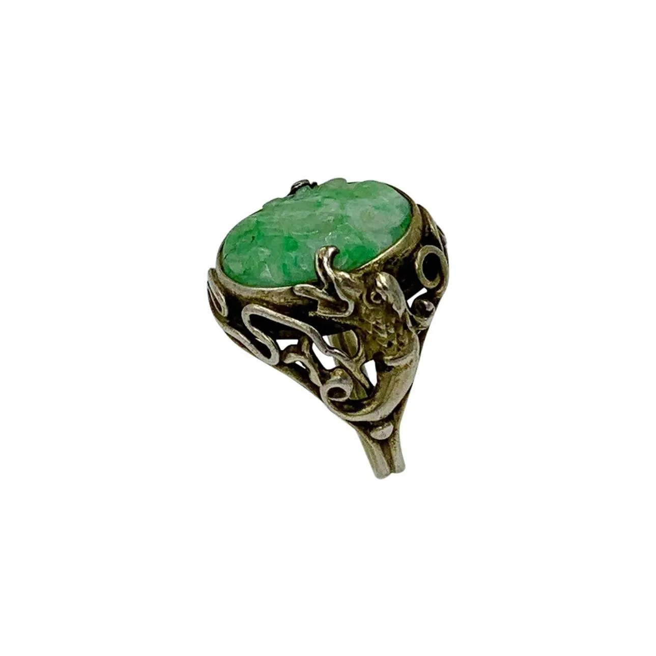 Antique Chinese Jade Dragon Ring Carved Flower Silver Year of the Dragon