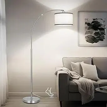 Silver Arc Floor Lamp for Living Room, Modern Standing Lamp with Adjustable Head Tall Pole Lamp with On/Off Pedal Switch Over Couch Arched Tall standing light for Reading Bedroom 8W LED Bulb Included