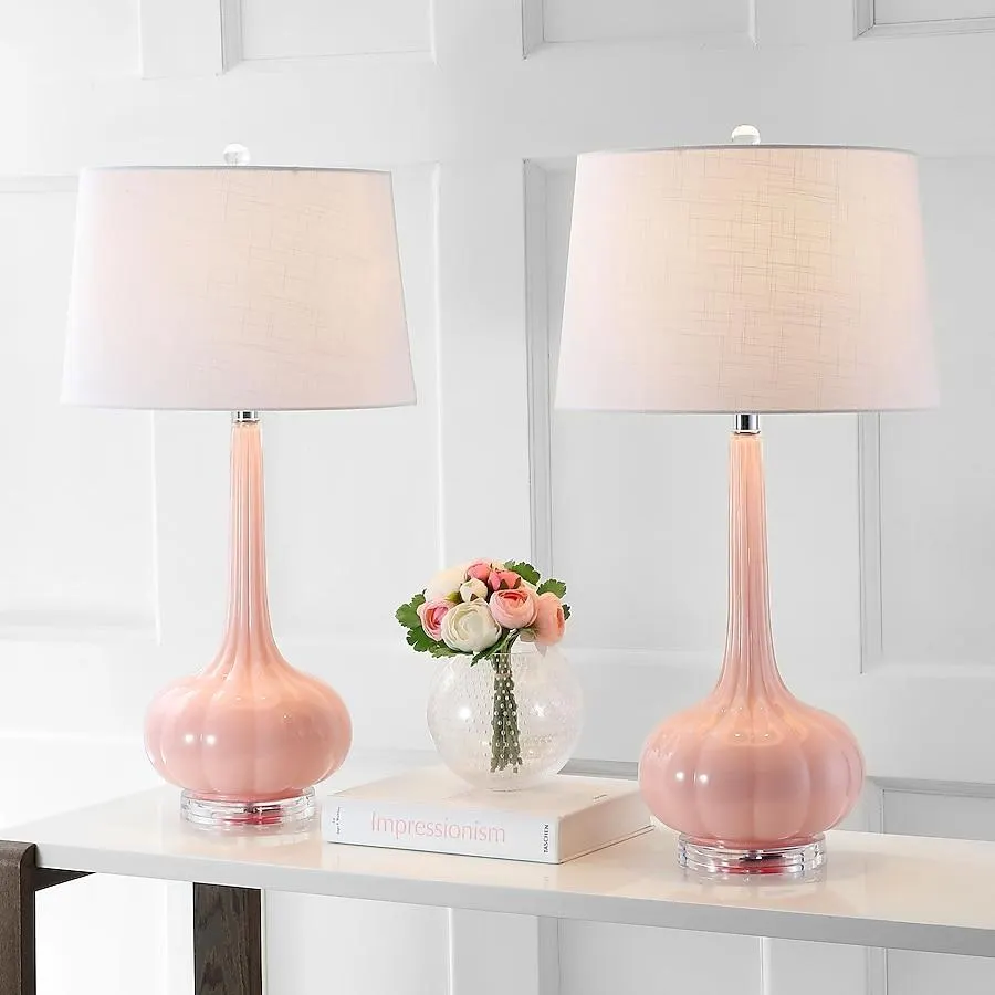 JONATHAN Y Bette Glass Teardrop Contemporary/Transitional 28.5-in Pink LED Incandescent Rotary socket Table Lamp with Linen Shade 2 -Set